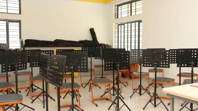 Vibrant music room at CHIREC, equipped with instruments and creative spaces for students to explore and express their musical talents