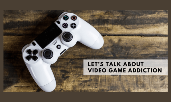 Video game controller featuring a message about discussing gaming addiction