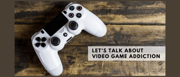 Video game addiction awareness Video game controller featuring a message about discussing gaming addiction