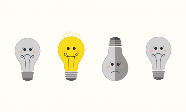 Four lightbulbs, with three appearing dim and unhappy while one shines brightly with happiness