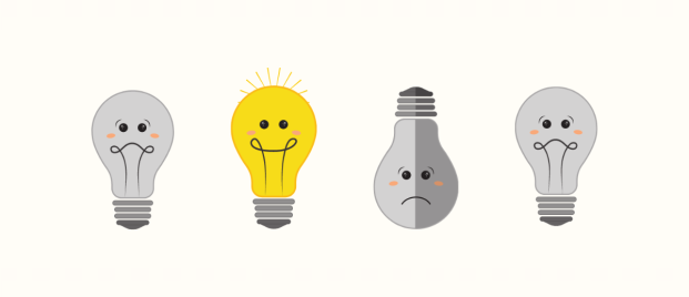 jeevan-mein-sakaratmakh-soch-ka-mahatv Four lightbulbs, with three appearing dim and unhappy while one shines brightly with happiness