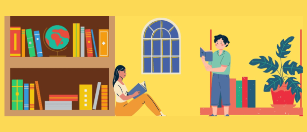 Students engrossed in reading various books, fostering a love for literature and literacy.