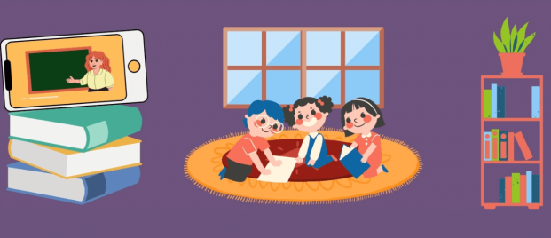 The classroom of 2021 CHIRE Blog The Classroom of 2021, Online teacher conducts class as three students happily engage in virtual learning, taking notes in book.