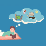 A student immersed in a book, their thoughts drifting into imaginative realms