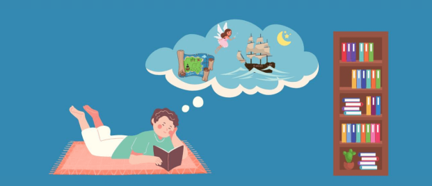 A student immersed in a book, their thoughts drifting into imaginative realms