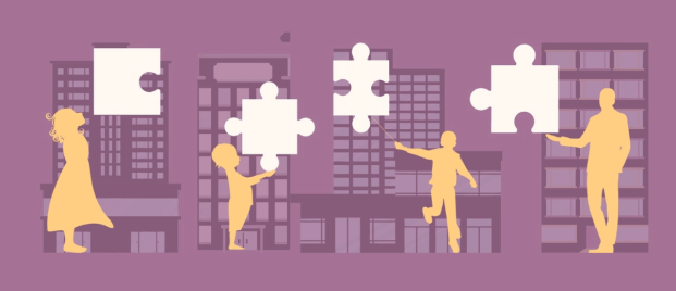 4 characters holding puzzles depicting connection