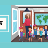 A joyful teacher surrounded by smiling students all holding books, teaching them about sabak.