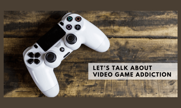 Video game addiction awareness Video game controller featuring a message about discussing gaming addiction