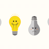 Four lightbulbs, with three appearing dim and unhappy while one shines brightly with happiness